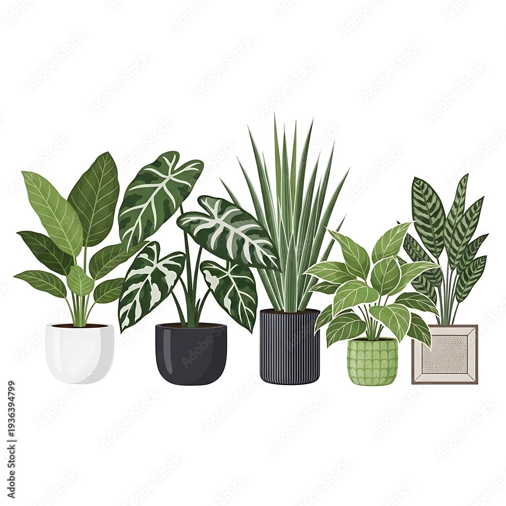 Obraz premium Five different houseplants in various pots isolated on transparent background