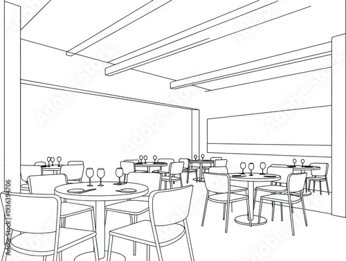 Empty Restaurant Dining Room with Tables and Chairs Line Art Style