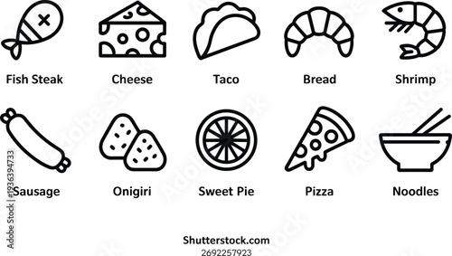 Collection of Food Icons: Fish Steak Cheese Taco Bread Shrimp Sausage Onigiri Pizza Noodles Stock Icon Set