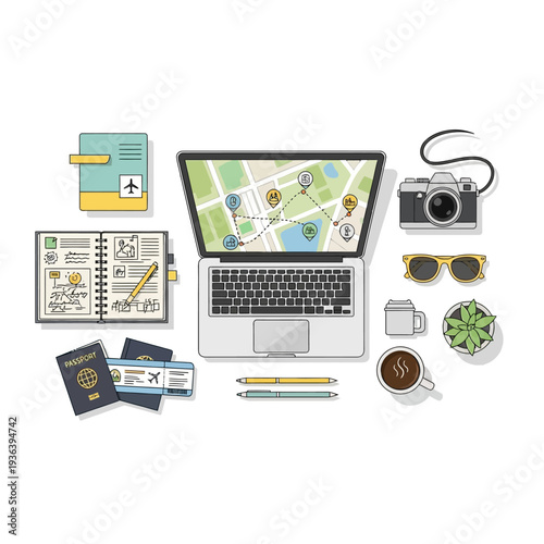 Travel Planning Laptop Map Passport Tickets Camera Sunglasses Coffee Plant Desk