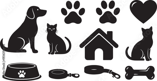 Black silhouettes of pets and pet care items icons