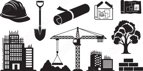 Construction site icons and building elements in black silhouette