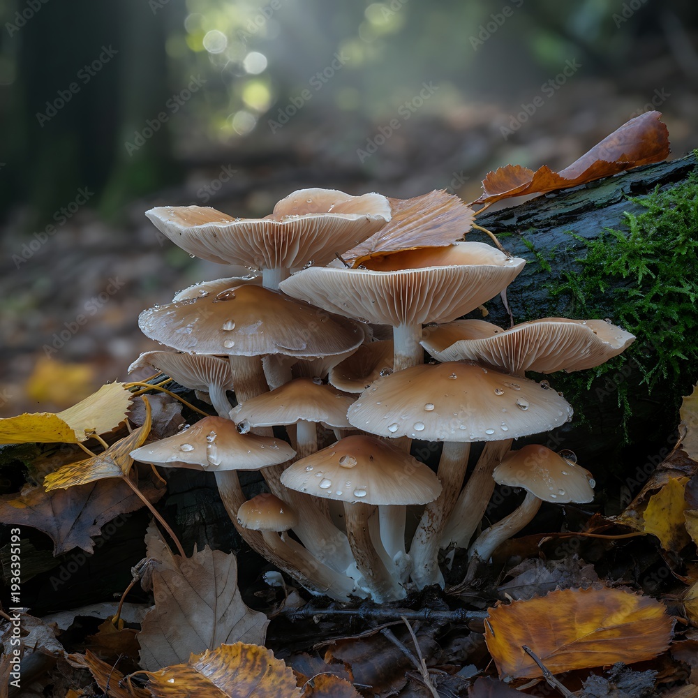 Fototapeta premium A close-up view of a large cluster of pale brown mushrooms with prominent gills, many adorned with tiny water droplets, sits on a mossy log in a misty autumn forest, surrounded by fallen brown and