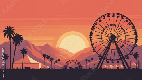 Ferris wheel at sunset palm trees mountains carnival ride fairground orange sky evening