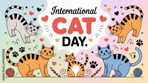 Colorful cats celebrate international cat day with hearts and paw prints in pastel background