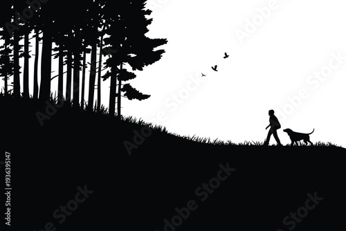 Silhouette of Boy Walking Dog on Forest Hill with Tall Pine Trees and Flying Birds, Peaceful Nature Landscape Vector Illustration for Outdoor Adventure Design