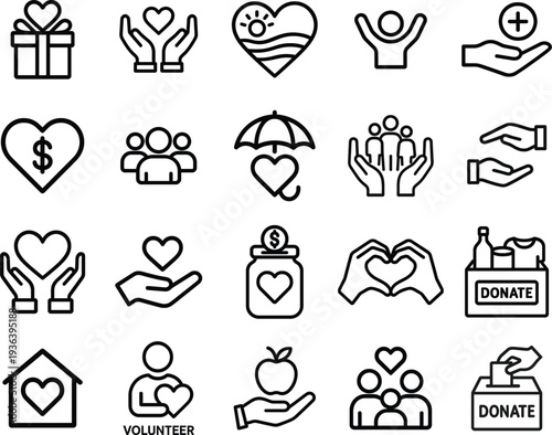 Set of 20 charity and donation line icons vector illustration collection