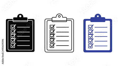 Three clipboards with checklists in different colors