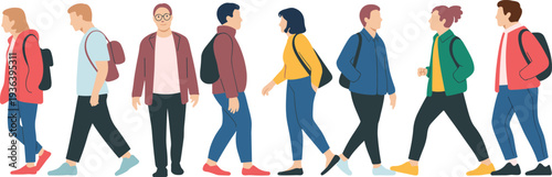 Massive collection of diverse young people and professional characters wearing casual streetwear and business outfits in flat vector illustration and black line art style