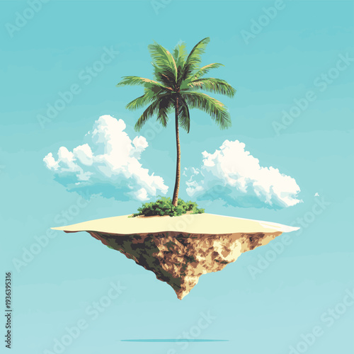 Floating island sand palm tree cloud blue sky minimal surreal dreamy , vector style simple color