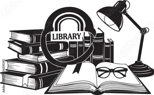 Black and white library books with reading glasses lamp