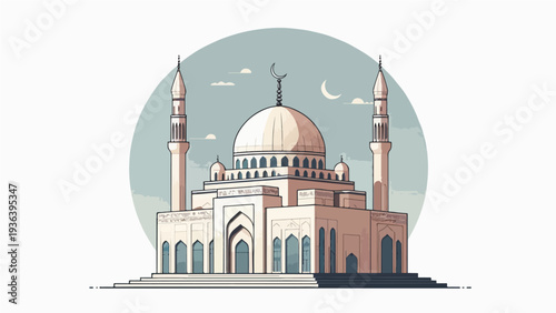 Beautiful Mosque Illustration with Dome and Minarets in Flat Vector Style