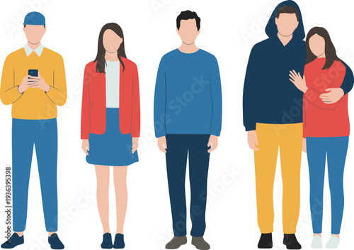Mega collection of diverse young people wearing casual urban streetwear outfits in minimalist flat vector illustration and black line art style on white background