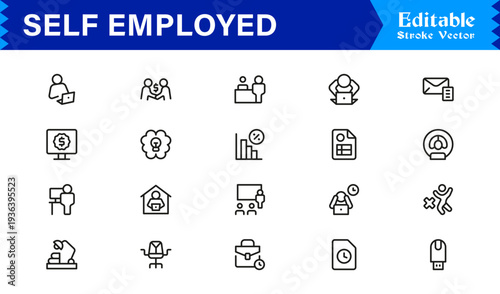 Self-Employed Line Icon Collection Featuring Clean Minimal and Professional Editable Icons Ideal for Freelance Business and Solo Workers