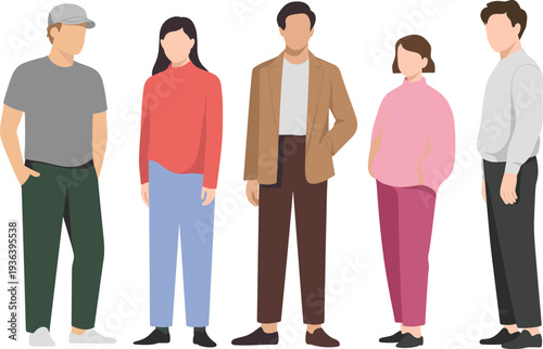 Bundle of diverse young people wearing casual urban streetwear outfits in minimalist flat vector illustration and black line art style on white background