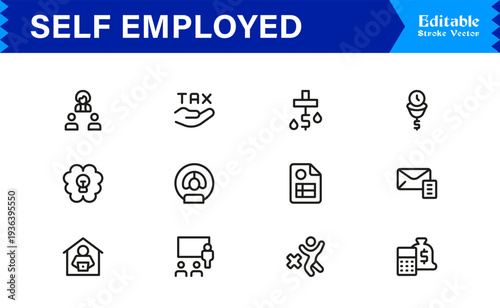 Self-Employed Line Icon Collection Featuring Clean Minimal and Professional Editable Icons Ideal for Freelance Business and Solo Workers