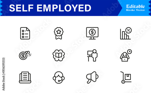Self-Employed Line Icon Collection Featuring Clean Minimal and Professional Editable Icons Ideal for Freelance Business and Solo Workers
