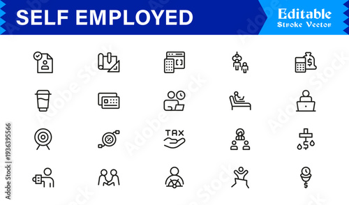 Self-Employed Line Icon Collection Featuring Clean Minimal and Professional Editable Icons Ideal for Freelance Business and Solo Workers