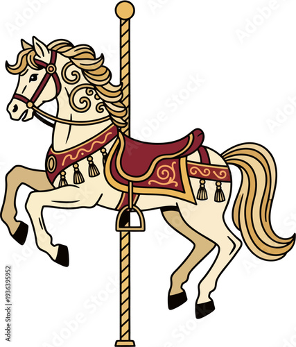 Classic Cartoon Carousel Horse in Cream Color with Red Ornate Saddle, Tassels and Golden Pole Merry Go Round Amusement Vector Illustration