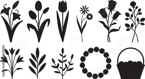 Easter day floral silhouettes and basket with eggs