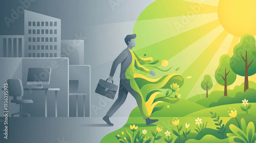 A businessman embarks on a transformative journey, leaving the rigid office behind to embrace a vibrant natural world, symbolizing work-life harmony and personal growth