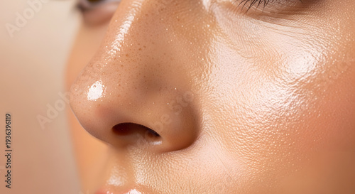 Extreme close up showing the oily skin surface and pores on a human nose with highlight reflections