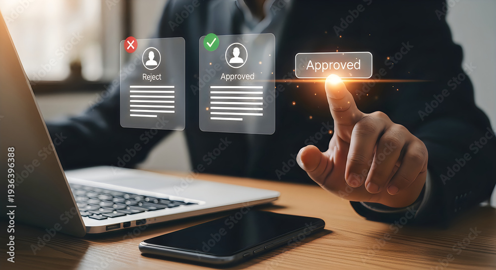 Naklejka premium Businessman Approving Digital Documents on Virtual Interface – Online Recruitment, HR Management and Paperless Workflow Concept