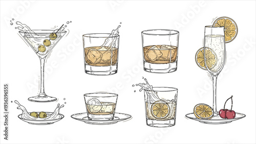 Premium Line Art Cocktail Collection – Elegant Gold and Charcoal Hand-Drawn Drink Illustrations for Bar Menus, Wedding Signage, and Social Media Branding