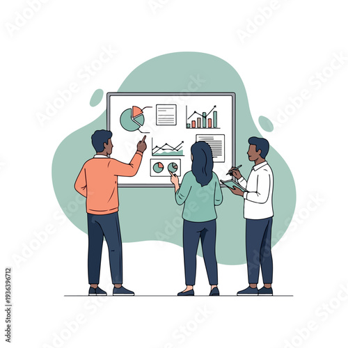 Three diverse professionals analyzing data on a large whiteboard.