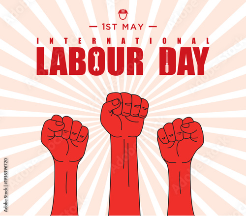 Labour Day Red Rays background with Raising Hands