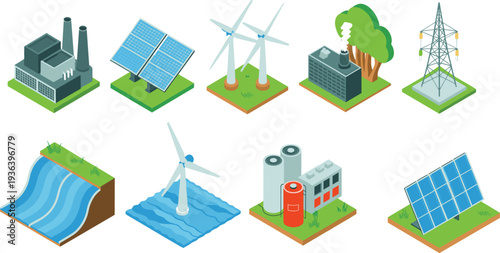 Renewable and traditional energy sources isometric vector illustration set with solar panels wind turbines power plant hydro and electric grid icons
