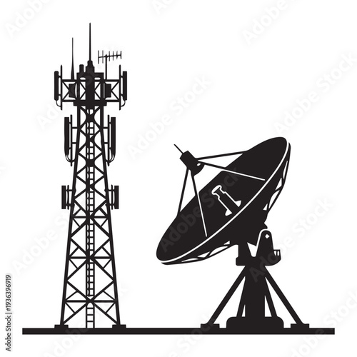 Communication antenna and satellite dish Icon Silhouette vector black design on a white background