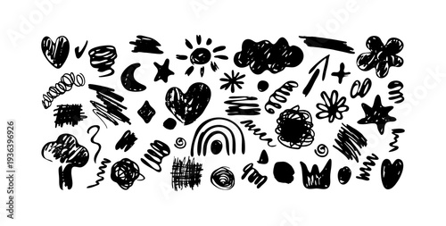 Crayon Pencil Scribble Strokes Textures, Shapes. Children's Charcoal Hand Drawn Doodle Scratches. Cloud, Sun, Rainbow, Flowers, Wavy Lines, Star, Scratches for Patterns, Templates, Design.