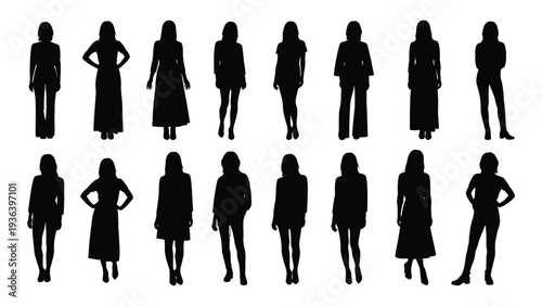 Silhouettes of women in various poses and outfits