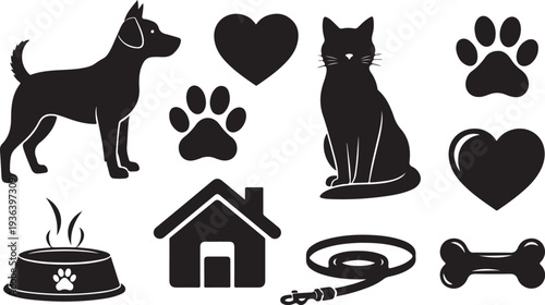 Black silhouettes of pets and pet care items icons