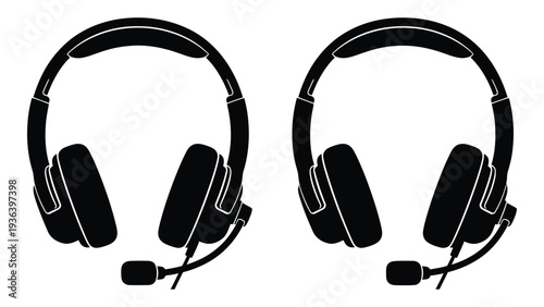 A pair of black over-the-ear headsets with microphones