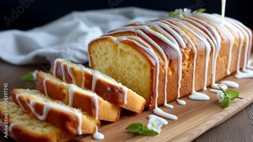 A beautifully baked pound cake takes center stage, shaped like a loaf of bread. The cake is generously drizzled with creamy glaze, making it an inviting treat