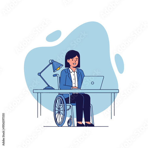Woman in wheelchair working on laptop at desk.