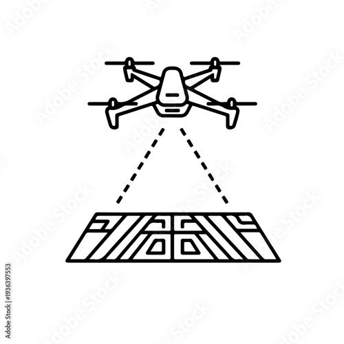 black and white icon featuring an agricultural drone performing a field scan. Symbolizes smart farming, aerial crop monitoring, precision agriculture, and autonomous plantation management
