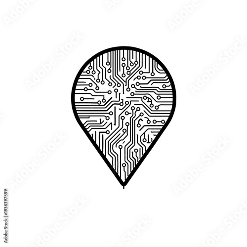 black and white icon combining a universal map pin drop with digital circuit board patterns. Represents smart navigation, high-tech geolocation, and integrated tracking systems