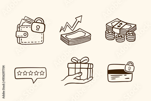 Handdrawn Icons of Finance and Commerce A Collection of Icons Featuring Wallets, Money, Gifts, and Reviews