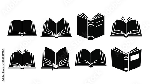 Eight black and white icons of books in different positions