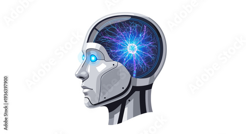 Robot head with glowing blue brain vector