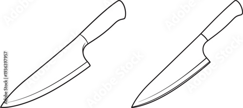 Outline illustration of two kitchen knives, one large chef's knife and one smaller utility knife, ready for food preparation.