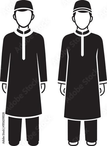 Silhouettes of two Muslim men in traditional thobes and kufi caps, representing Islamic culture and modest menswear.