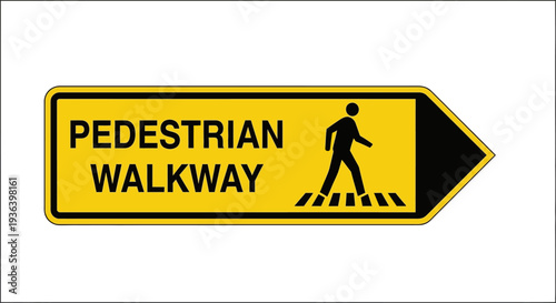 Pedestrian walkway sign with a walking person on a yellow background indicates safe crossing