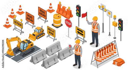 Construction workers manage roadwork with signs and machinery nearby teydhc