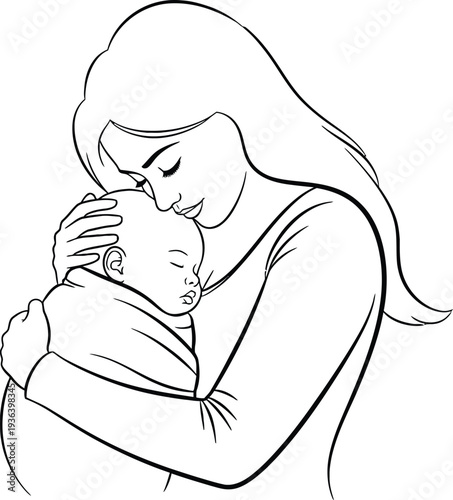 A mother tenderly kissing and hugging her sleeping baby in a loving embrace