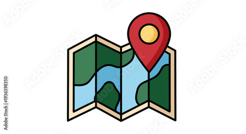 A map with a red location pin marks a spot on a folded geographic illustration