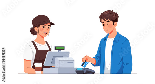 Woman processes payment for man at store checkout counter with register